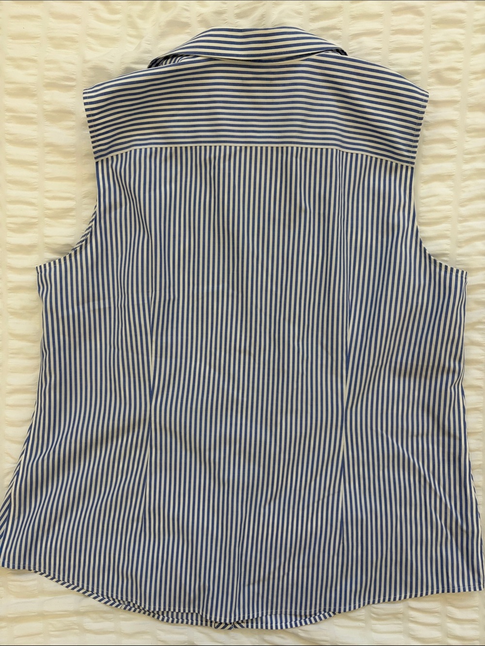Talbots Blue/White Vertical-Striped Sleeveless Button-Down Shirt. Petite No Iron - Picture 3 of 9